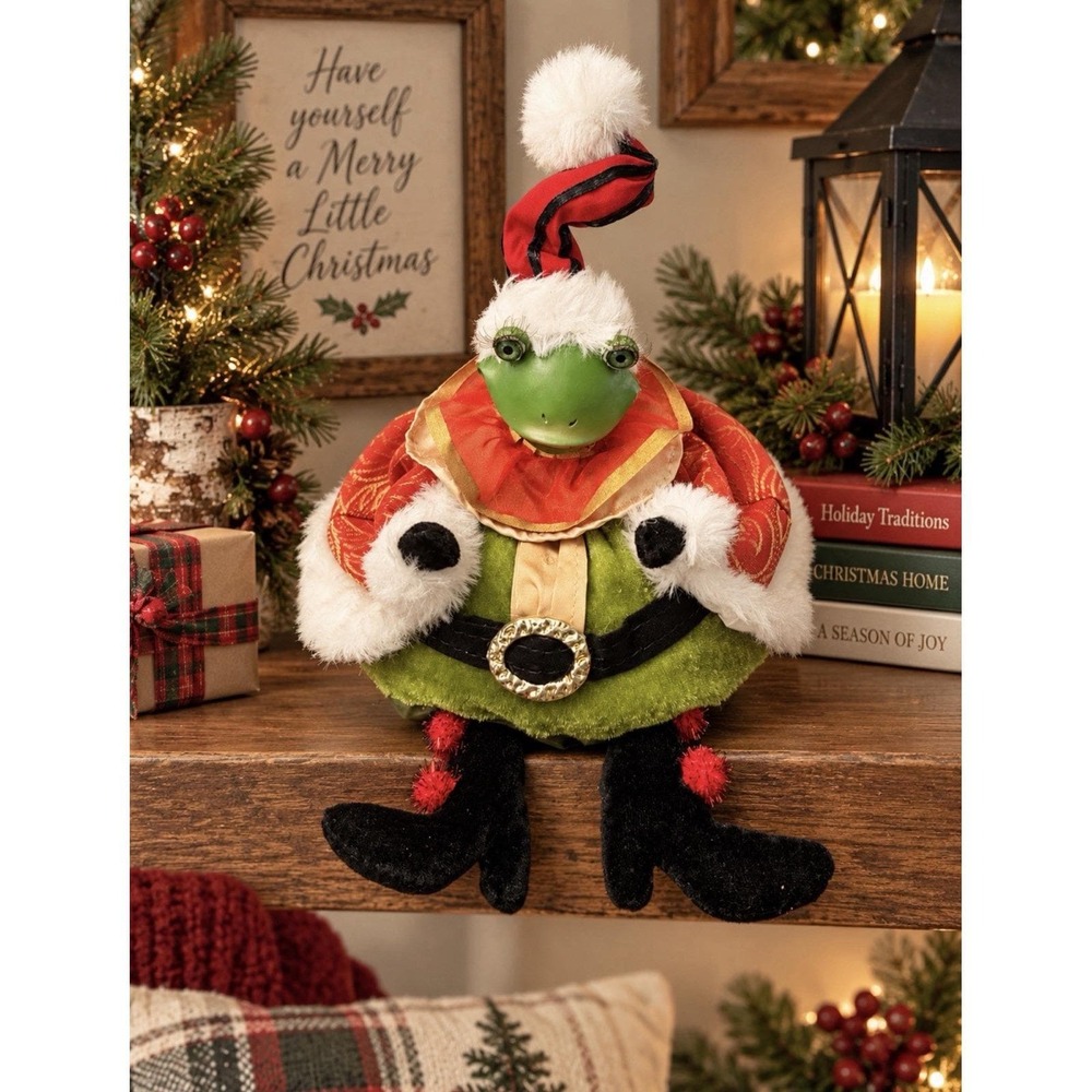 Whimsical Vtg Christmas Frog Shelf Sitter Santa Dangling Legs 10" Mark Roberts
